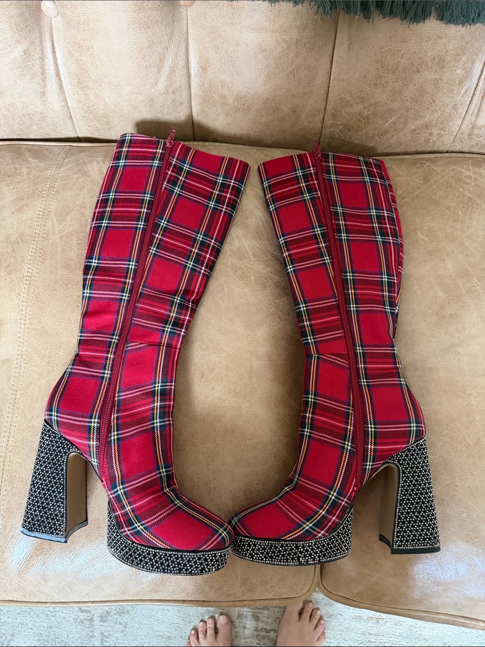 Betsey Johnson Red Plaid Knee-High Platform Boots